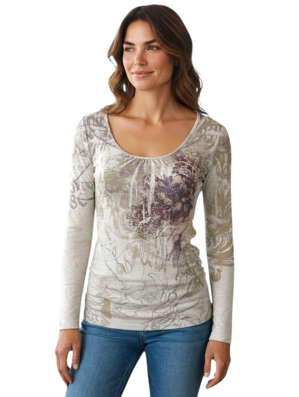 GUESS Women's Beige Y2K Fairy Grunge Graphic Printed Long-Sleeve Scoop Neck Top